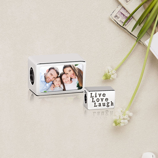 Gnoce "Live Love Laugh "rectangle 925 Sterling Silver Bead Charm Photo Bead Charm_5