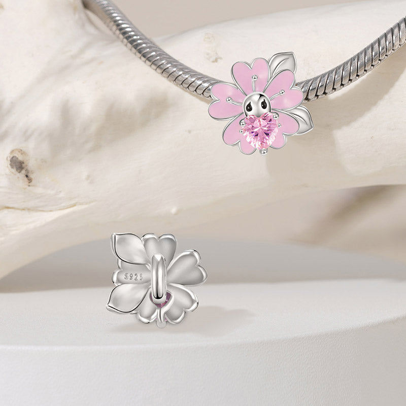 Cherry Blossoms Embraces Heart Gemstone Charm Bead 925 Sterling Silver with Pink Enamels_2