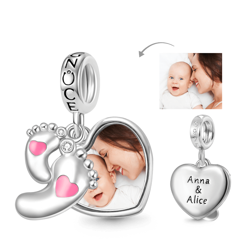 Gnoce Baby Footprints & Love Heart Engravable Photo Double Pendant Dangle Charm_1