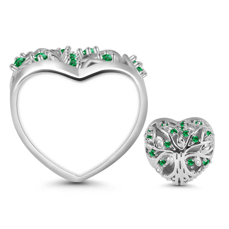 Gnoce "Love Memory" Tree of life Photo Charm Heart Shaped with Green Crystals Sterling Silver Bead_3