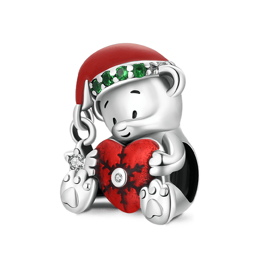 Christmas Bear Embrace Red Heart Charm Bead 925 Sterling Silver_1
