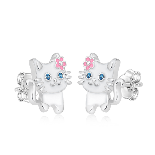 White Cat Wears Flower Stud Earring 925 Sterling Silver_1