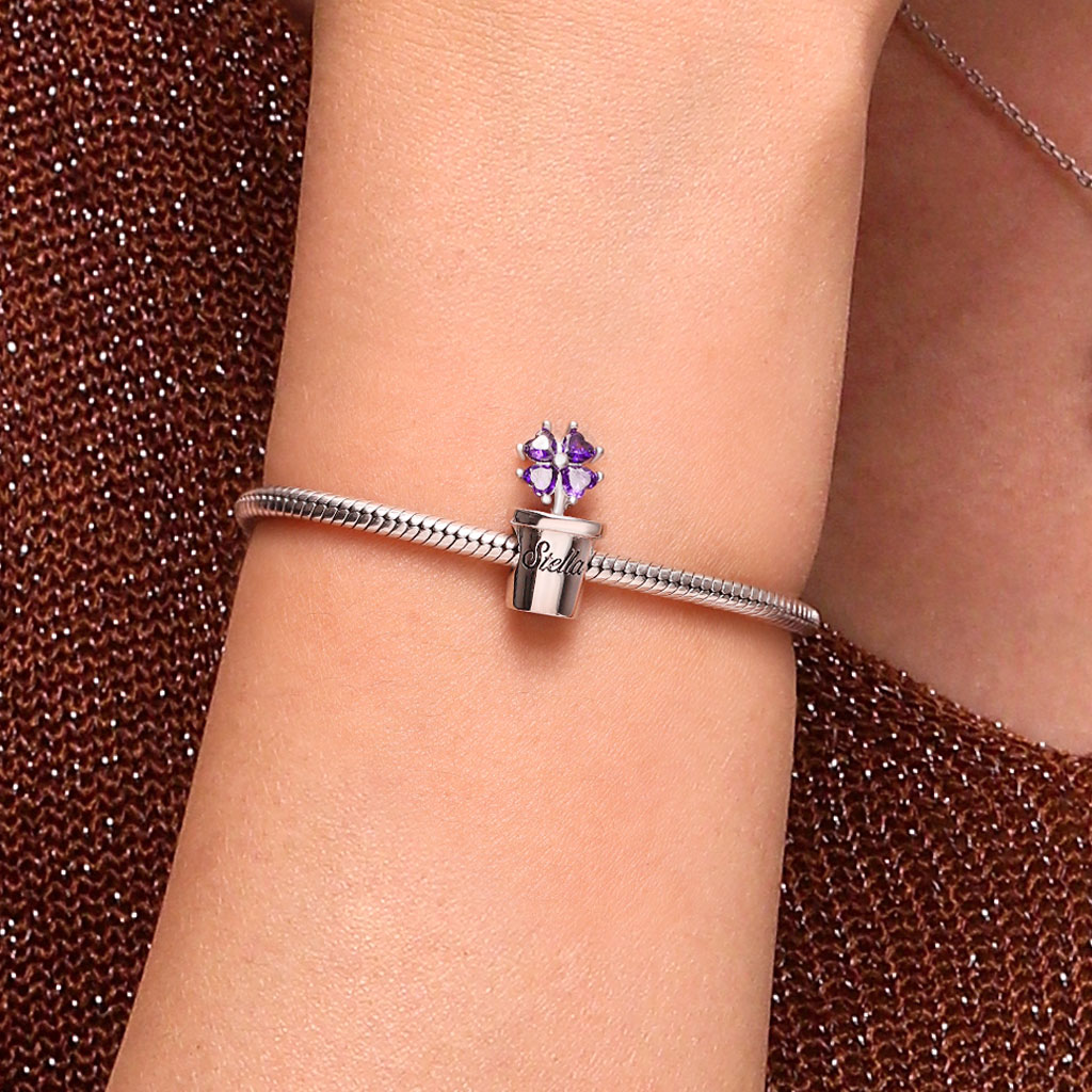 Gnoce Engravable Potted Flower Birthstone Four-leaf Clover Charm_6