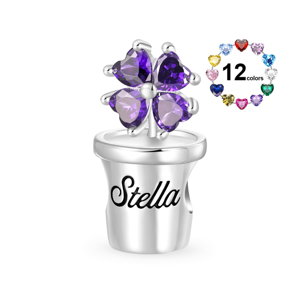 Gnoce Engravable Potted Flower Birthstone Four-leaf Clover Charm_1