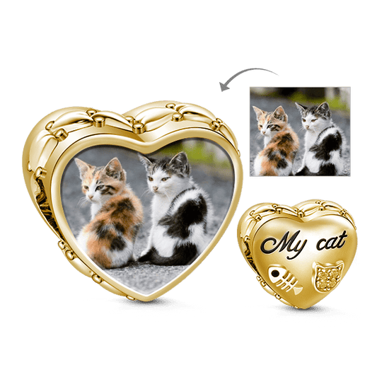 Gnoce 'When Cat Fall in Love with Fish' 18K Gold Plated Heart Cute Cat Photo Charm_2