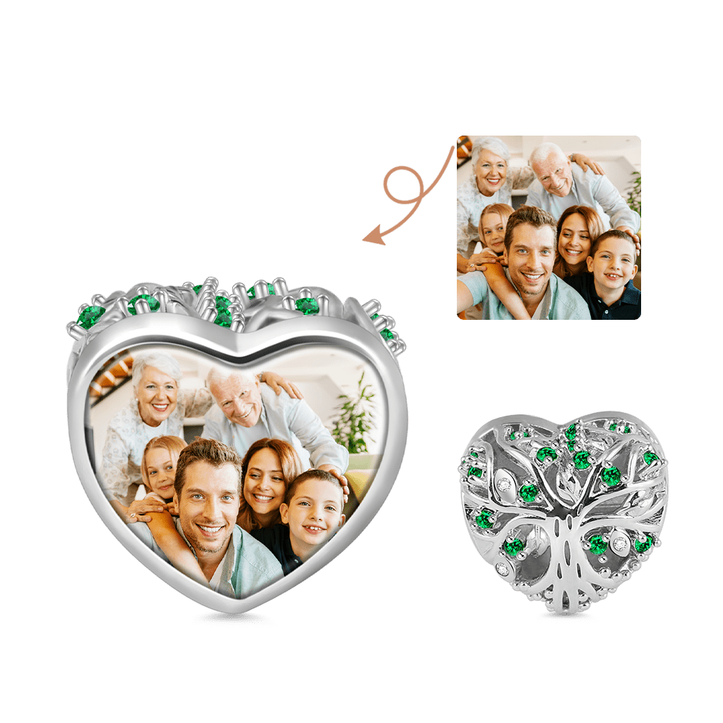 Gnoce "Love Memory" Tree of life Photo Charm Heart Shaped with Green Crystals Sterling Silver Bead_1