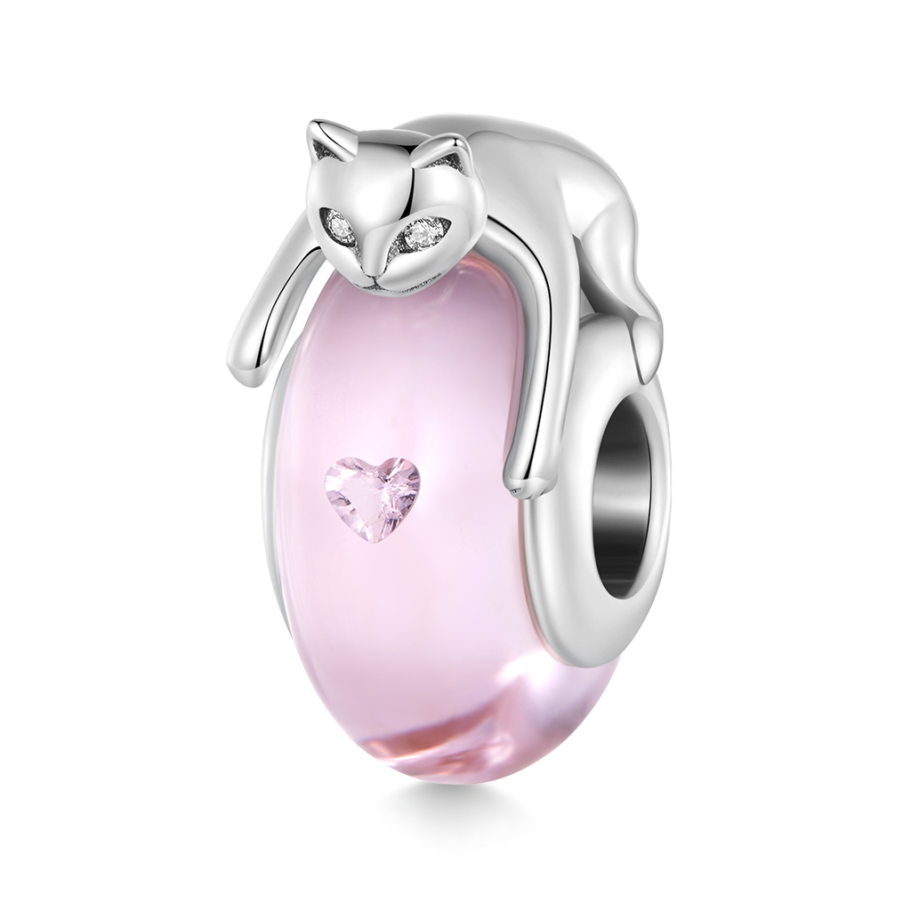 Gnoce Cute Cat Lying on Pink Glass Charm_1