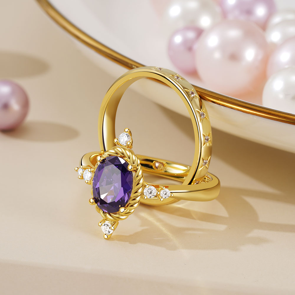 Oval Cut Amethyst Vintage Stacking Engagement Band Ring Set_4