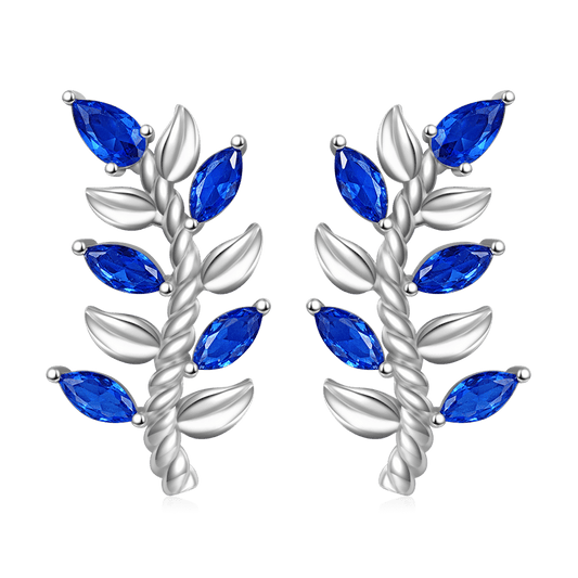 Gnoce Leaf & Stem Blue Gems Stud Earrings_1