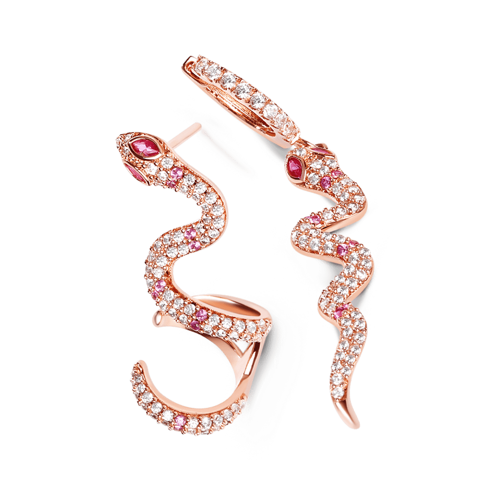 Gnoce "Rebirth" S925 Sterling Silver 18k Rose Gold Pink Snake Earrings with Clear CZ Stones_1