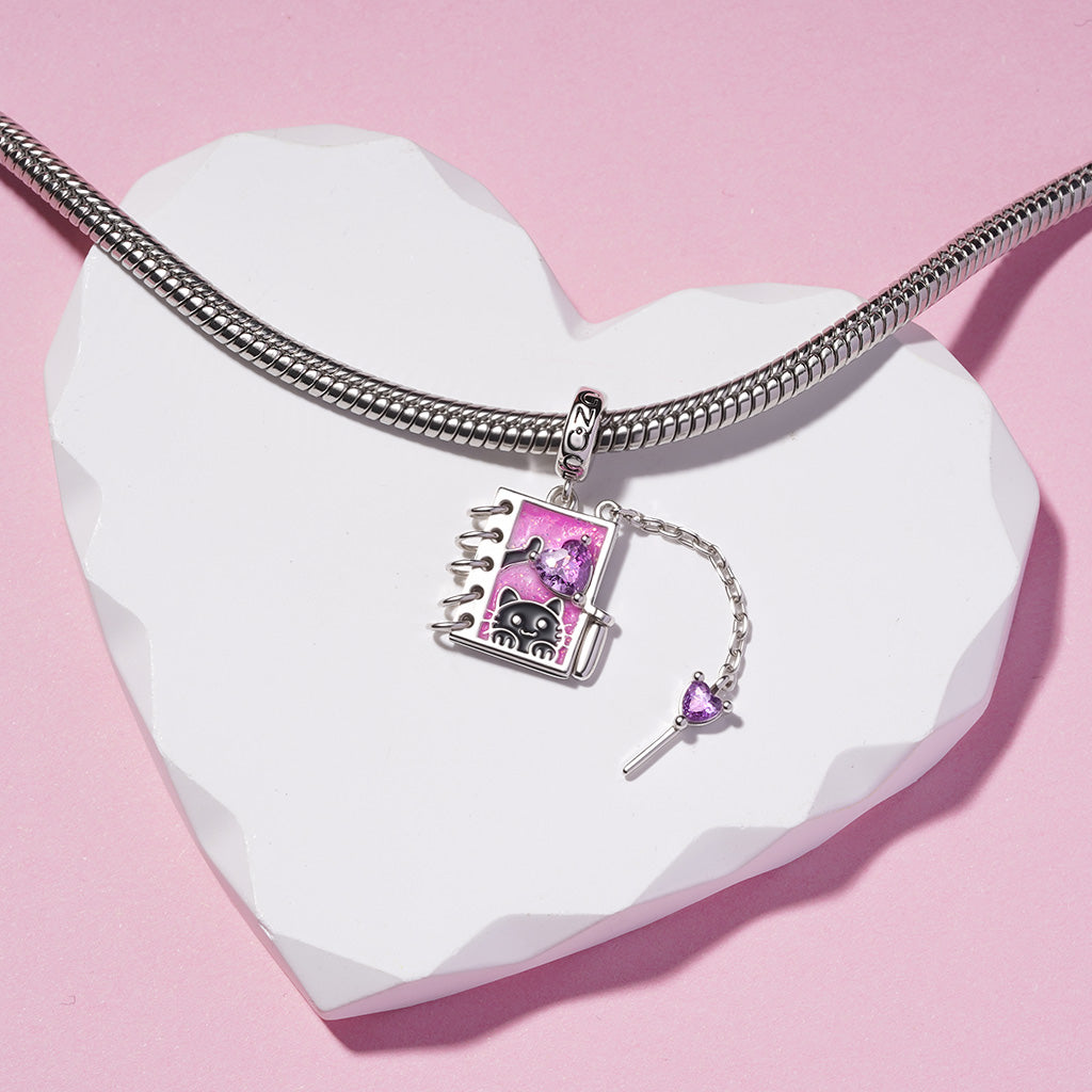 Gnoce Black Cat Diary with Flip-page Engravable Pendant Dangle Charm_5