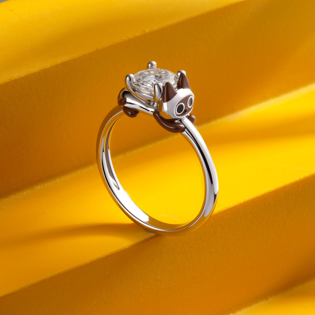 Gnoce Siamese Cat Embraces Moissanite Round Cut Ring_7