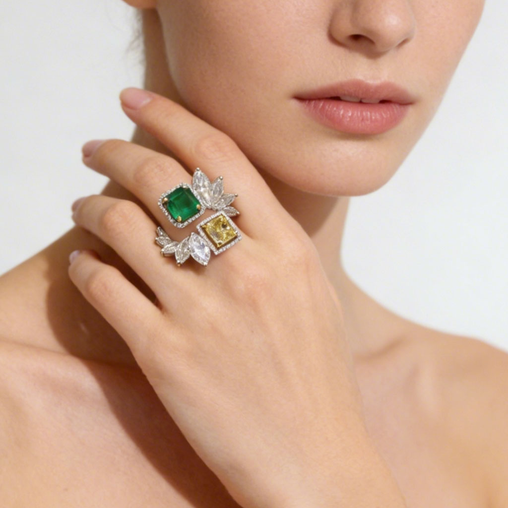 Gnoce Leaf Cluster  Emerald & Yellow Moissanite Ring_2
