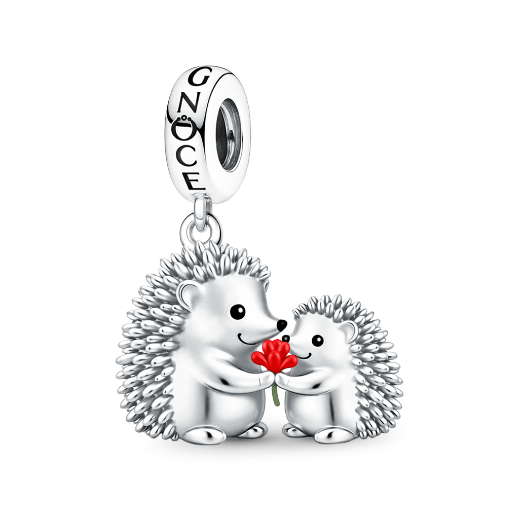 Gnoce Hedgehog Mother & Child Holding Carnation Pendant Dangle Charm_1