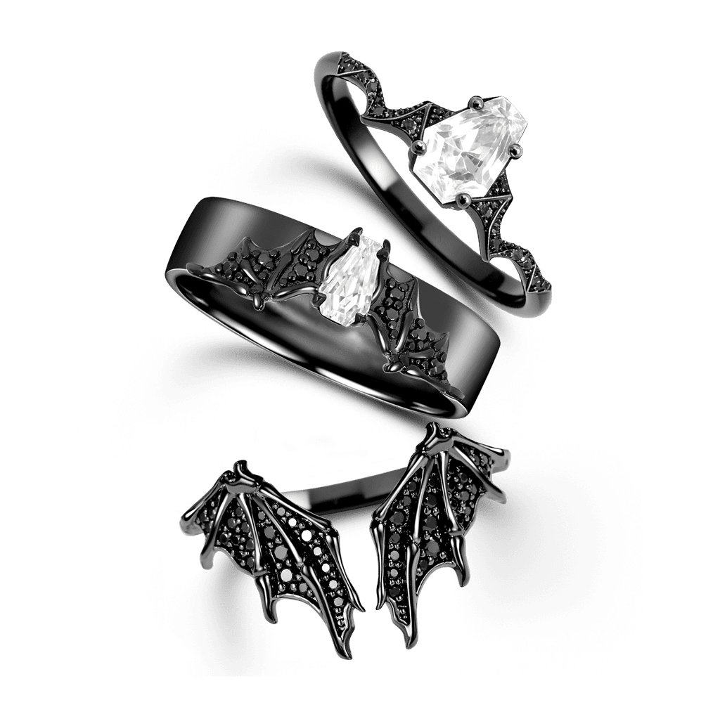 Gnoce Bat Wing Coffin Moissanite Ring Set_4