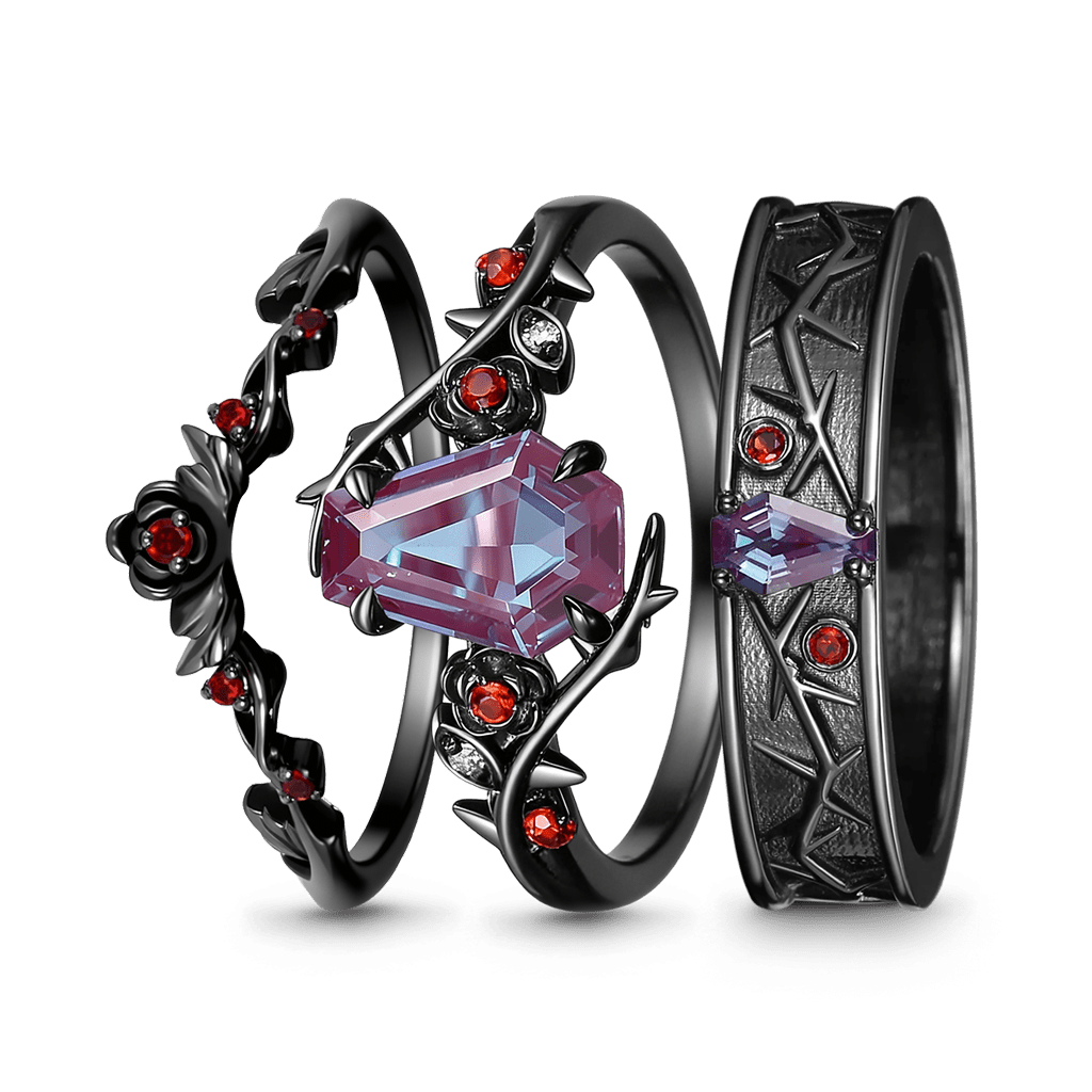 Gnoce Gothic Style Coffin Thorns & Roses Moissanite Ring Set_1