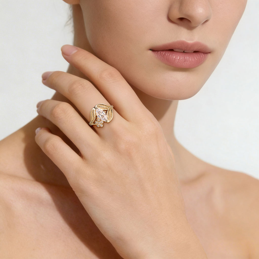 Gnoce Nature-Inspired Leaf & Floral  Marquise-Cut Engagement Ring_2