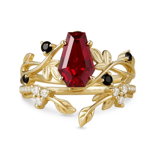 Gnoce Nature-Inspired Leaf & Vines Coffin-Cut Engagement Ring Set_1