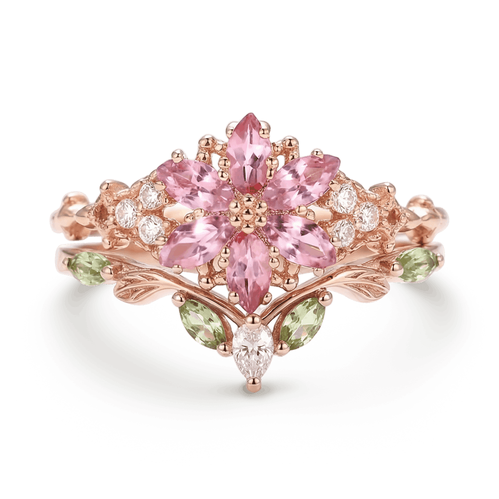 Gnoce Nature-Inspired Flower Pink Engagement Ring Set_1