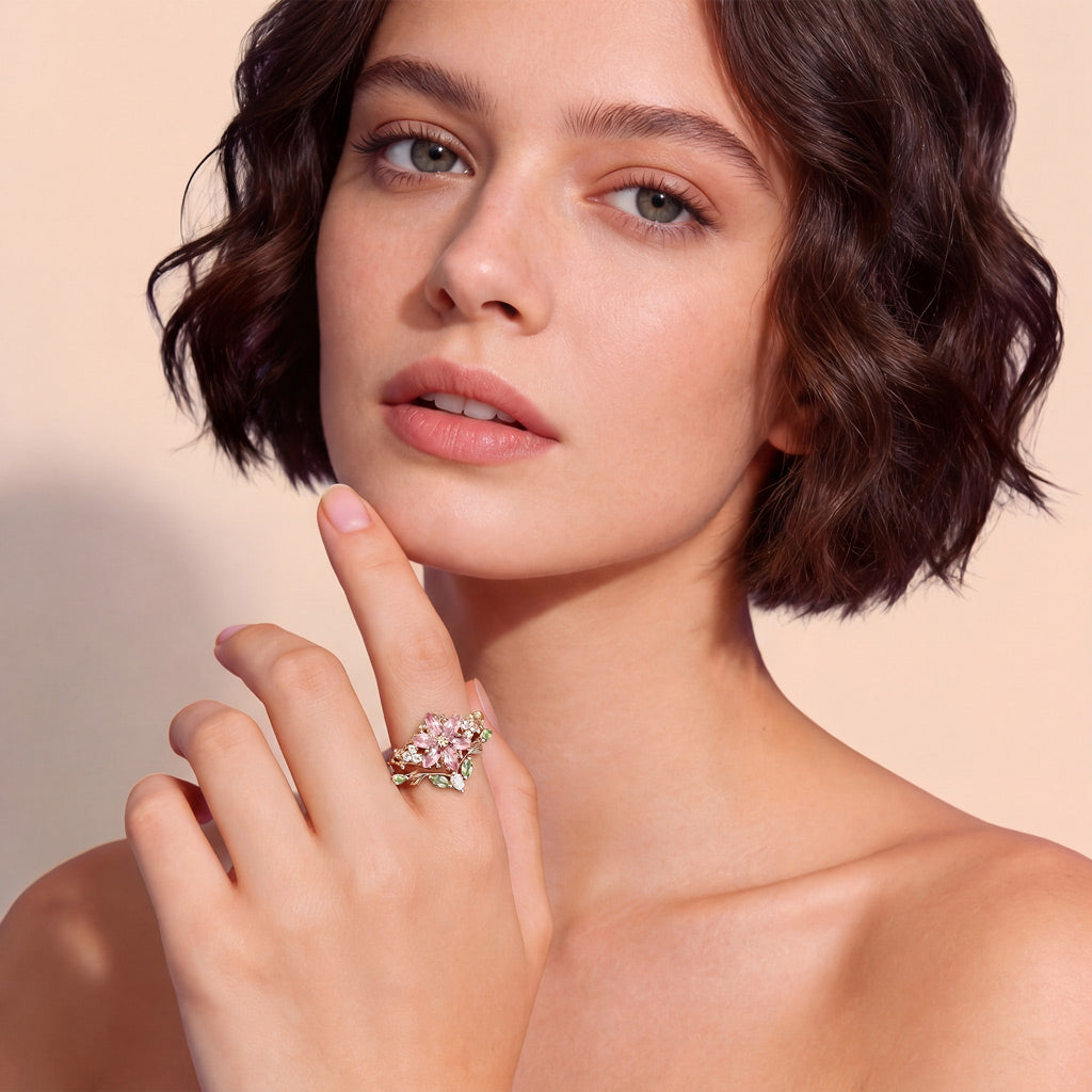 Gnoce Nature-Inspired Flower Pink Engagement Ring Set_3