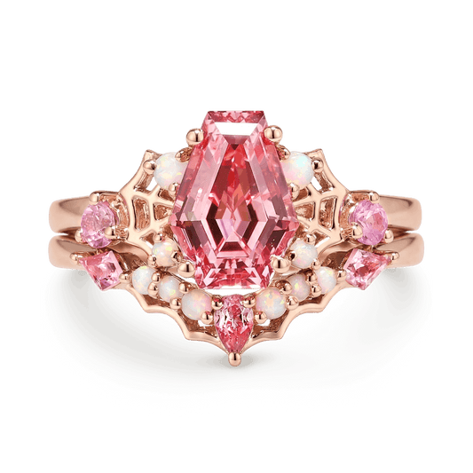 Gnoce Gothic Spider Web Coffin Pink Engagement Ring Set_1