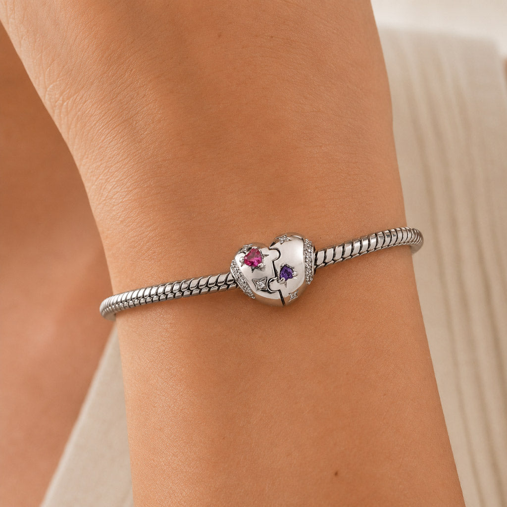 Gnoce Heart-shaped Puzzle Birthstone Charm Platinum-plated Silver Blend_3