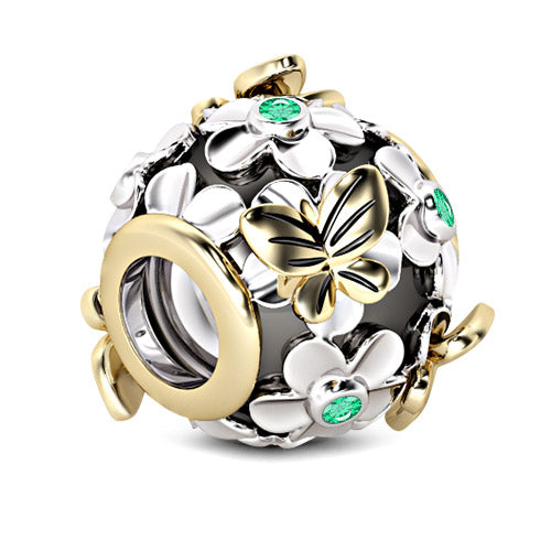 Gnoce  "Butterfly Love Flower" Silver Flower Gold Butterfly Plated Green Sapphire 925 Sterling Silver Nature Theme Bead_2