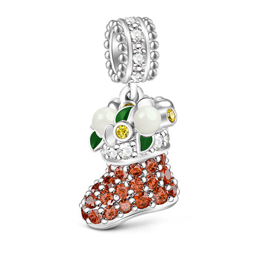 Gnoce "Happy Christmas" Shimmering Stones with Green Enamel Leaf and White Pear and Topaz Stones 925 sterling silver Charm Bead_2