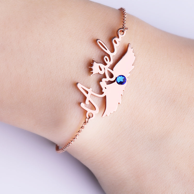 Gnoce "You Are My Angel" Personalized Name on the Wings Bracelet with Birthstone_5