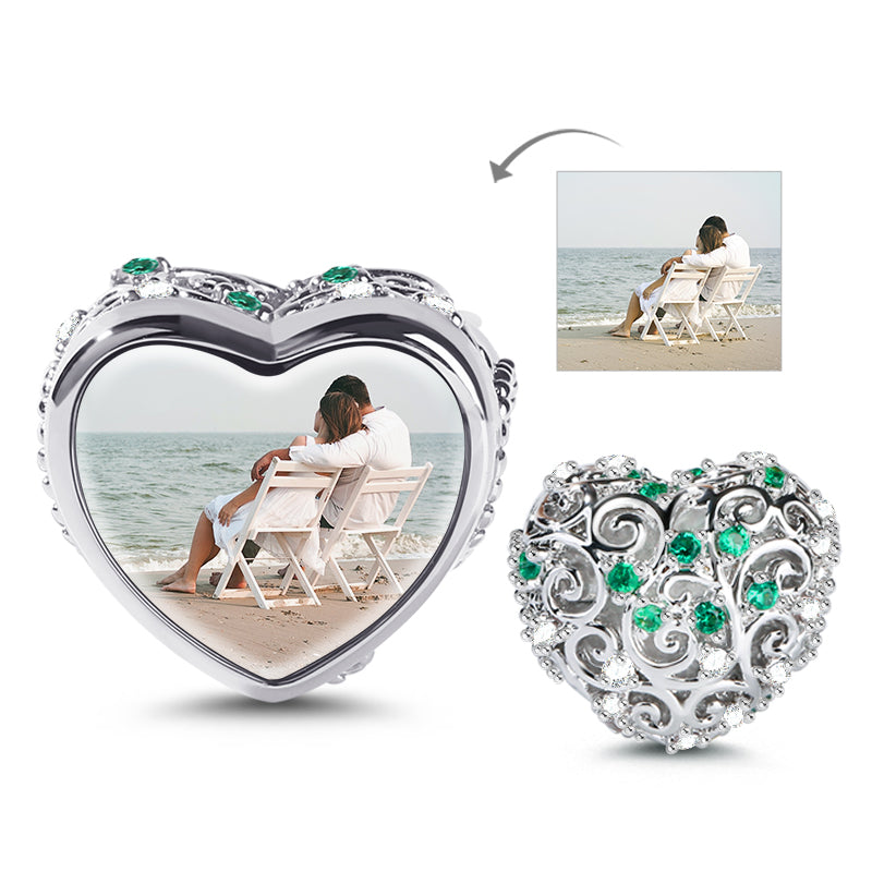 Gnoce "Soulmate" Heart shaped Hollow Photo Beads Charm with Blue Stone_2