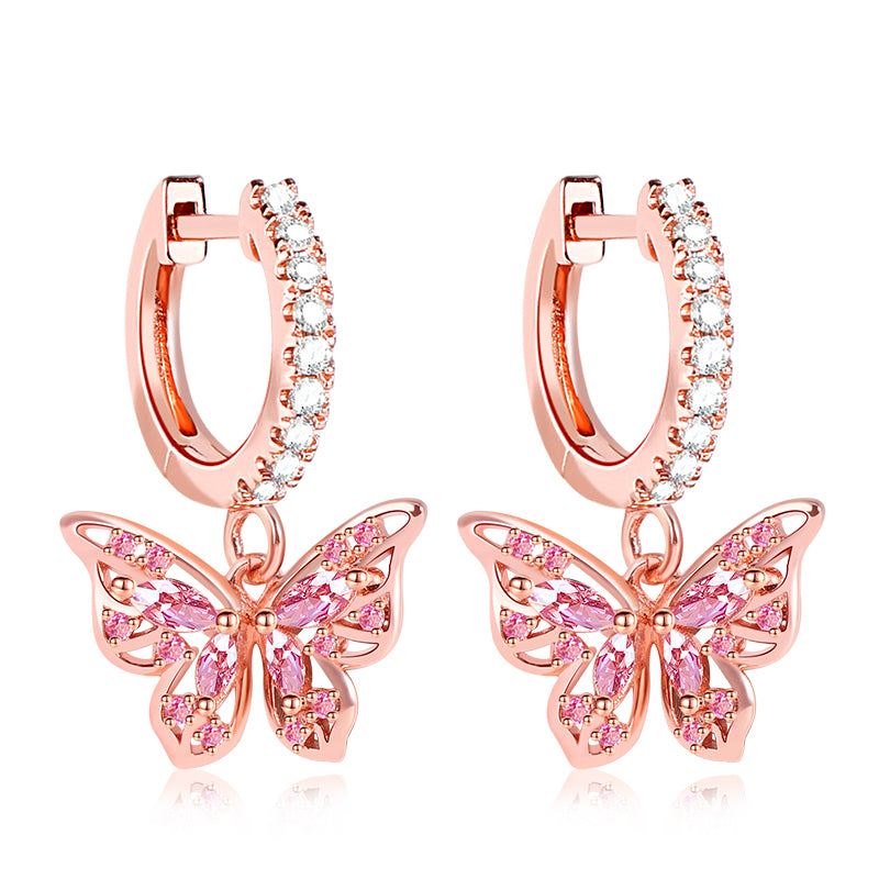 Butterfly Dangle Hoop Earrings 18k Rose Gold Plated 925 Sterling Silver Openwork_1