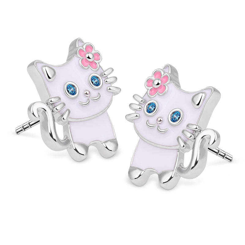 White Cat Wears Flower Stud Earring 925 Sterling Silver_2