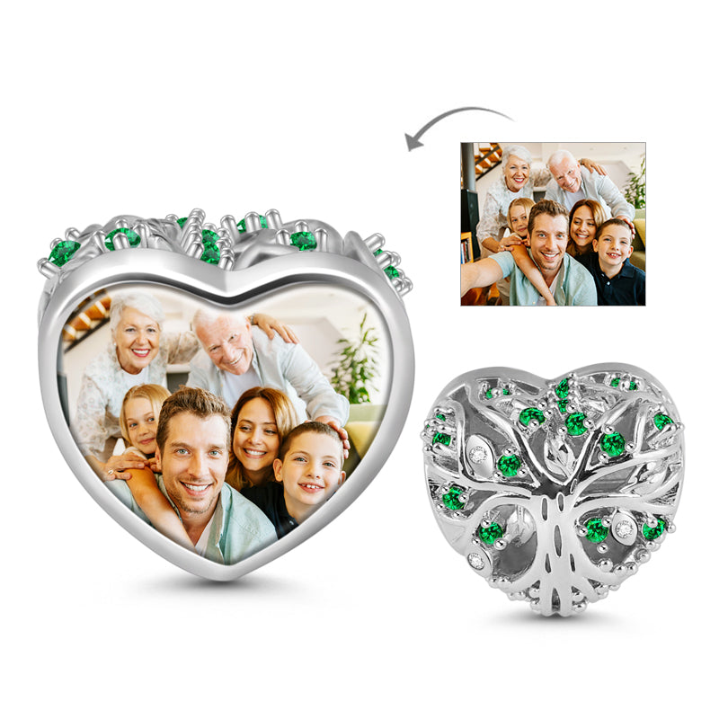 Gnoce "Love Memory" Tree of life Photo Charm Heart Shaped with Green Crystals Sterling Silver Bead_2