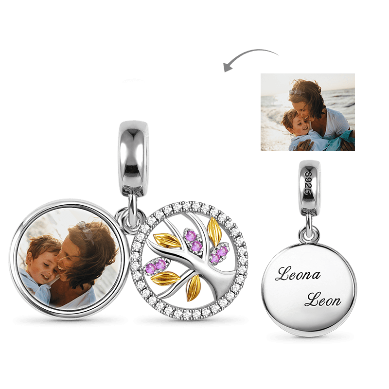 Tree of Life Personalized Photo Engravable Charm Pendant 925 Sterling Silver inlaid with Stones Mother's Day Gift_1
