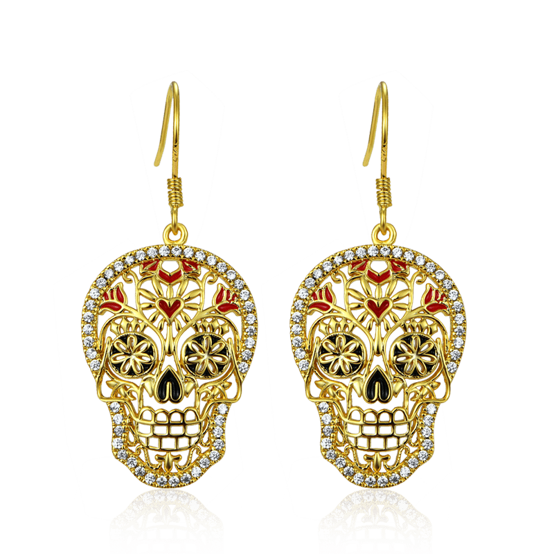 Skull Dangle Earrings 18k Gold Plated 925 Sterling Silver_1
